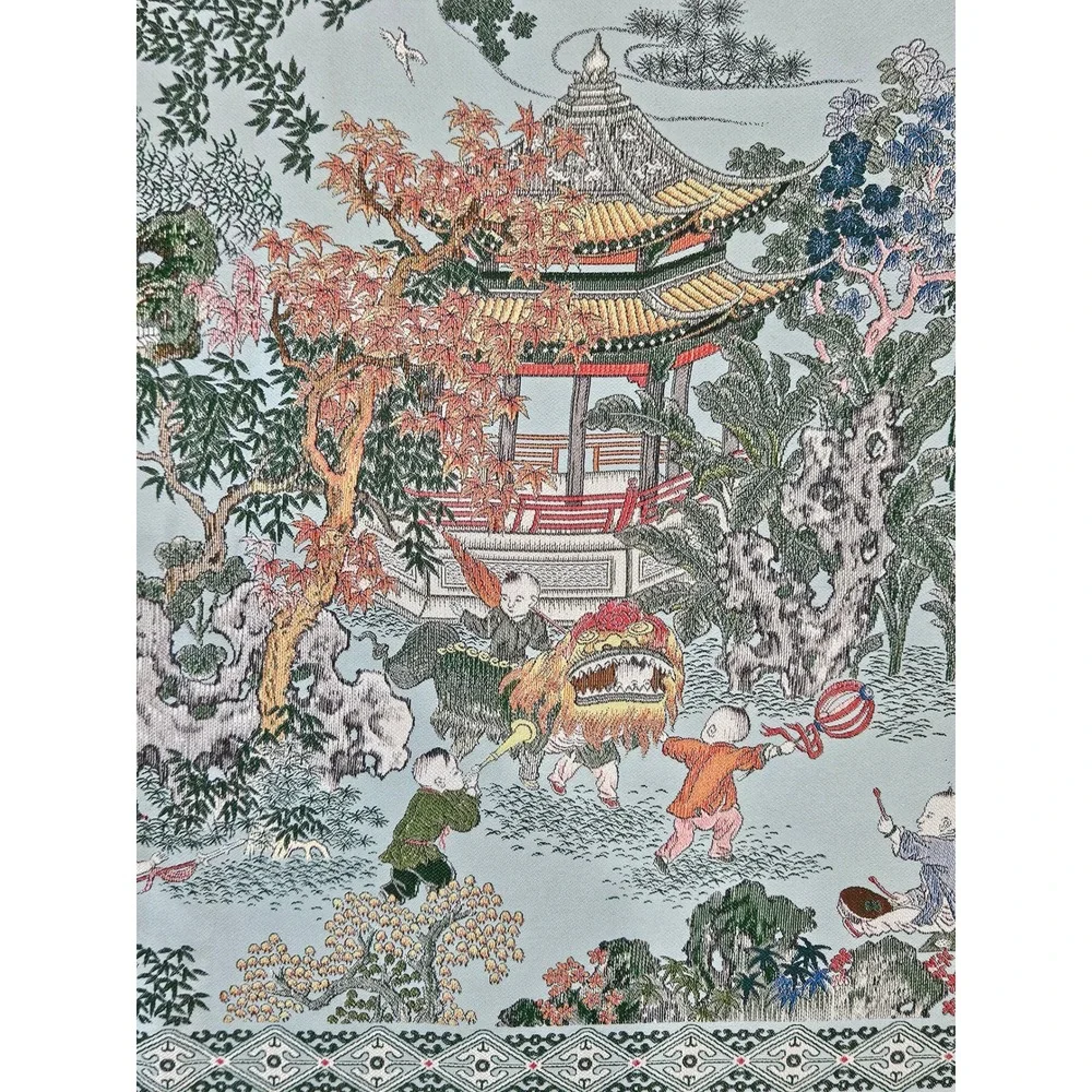 RARE VTG Brocaded Scenic Silk Chinese Tapestry Tablecloth Turquoise Fringe 55x38